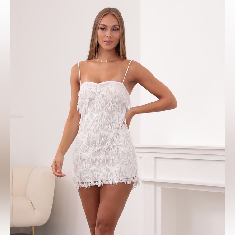 LIKE NEW LUCY IN THE SKY FRINGE DRESS IN WHITE